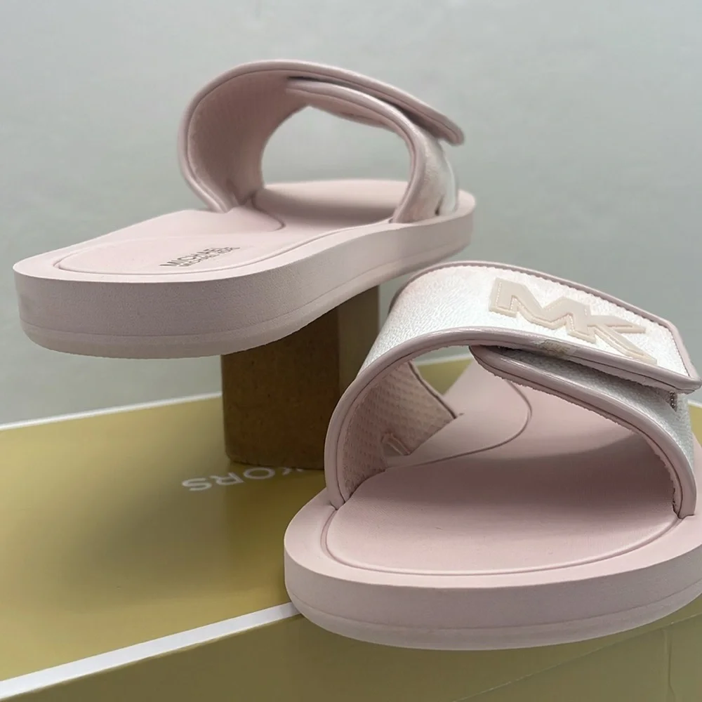 Michael Kors Slide Logo Sandals Palmer Ombré Signature Powder Blush Multi  NWT